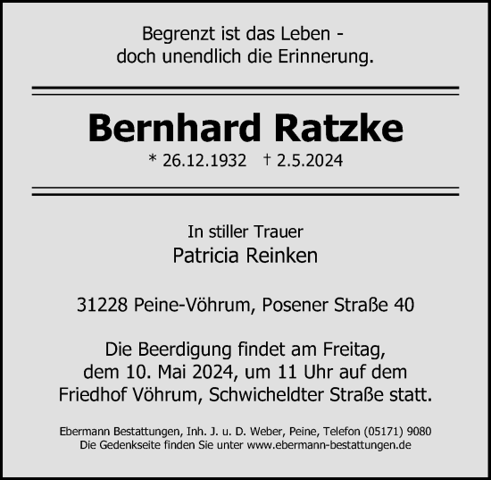 Traueranzeige von Bernhard Ratzke von Peiner Allgemeine Zeitung