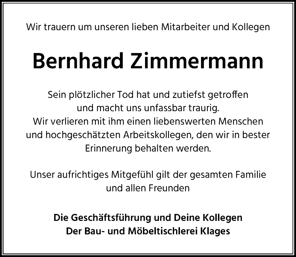  Traueranzeige für Bernhard Zimmermann vom 02.05.2024 aus Peiner Allgemeine Zeitung