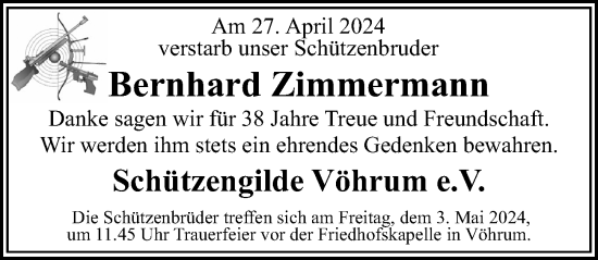Traueranzeige von Bernhard Zimmermann von Peiner Allgemeine Zeitung