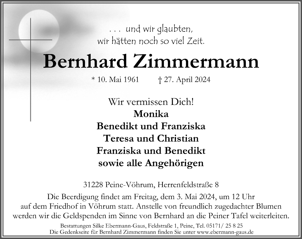  Traueranzeige für Bernhard Zimmermann vom 02.05.2024 aus Peiner Allgemeine Zeitung
