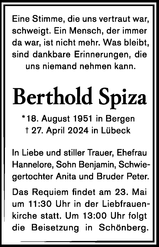 Traueranzeige von Berthold Spitza von Lübecker Nachrichten