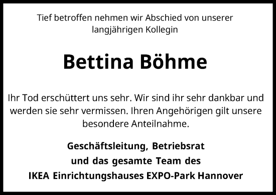 Traueranzeige von Bettina Böhme von Hannoversche Allgemeine Zeitung/Neue Presse