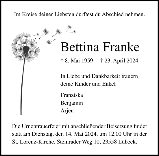 Traueranzeige von Bettina Franke von Lübecker Nachrichten