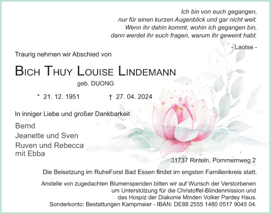 Traueranzeige von Bich Thuy Louise Lindemann von Schaumburger Nachrichten und Schaumburger Zeitung/ Landes-Zeitung