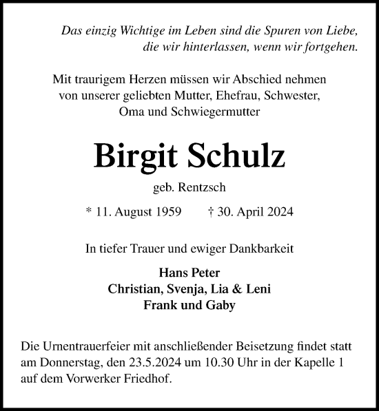 Traueranzeige von Birgit Schulz von Lübecker Nachrichten