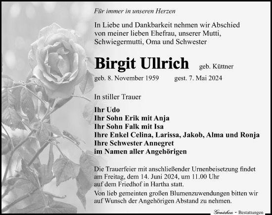Traueranzeige von Birgit Ullrich von Leipziger Volkszeitung