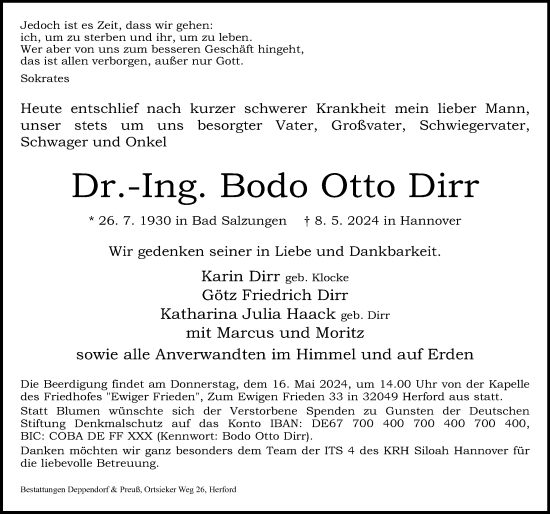 Traueranzeige von Bodo Otto Dirr von Hannoversche Allgemeine Zeitung/Neue Presse