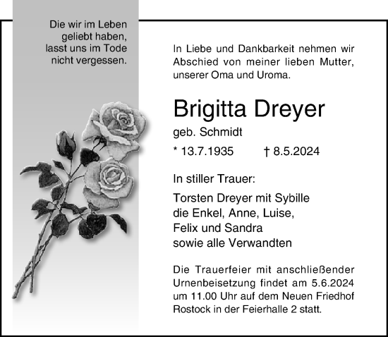 Traueranzeige von Brigitta Dreyer von Ostsee-Zeitung GmbH