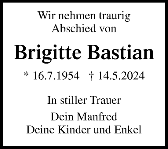Traueranzeige von Brigitte Bastian von Ostsee-Zeitung GmbH