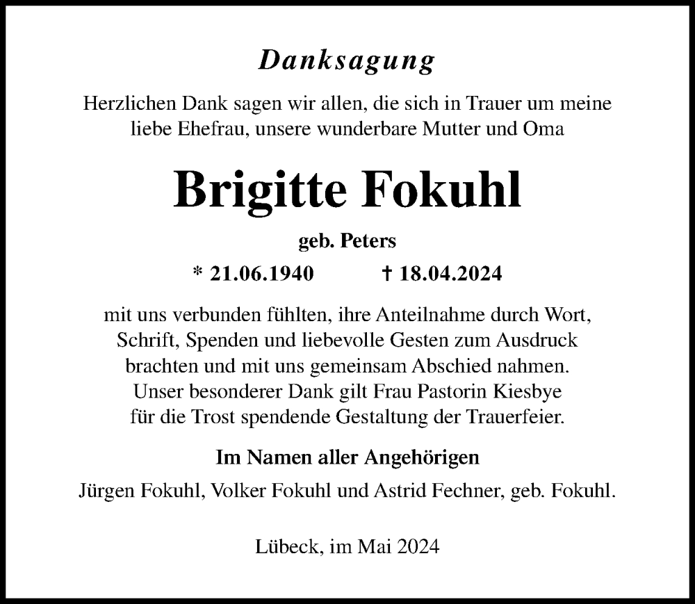  Traueranzeige für Brigitte Fokuhl vom 19.05.2024 aus Lübecker Nachrichten