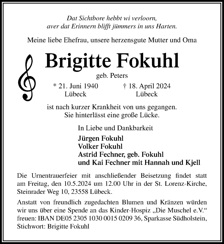  Traueranzeige für Brigitte Fokuhl vom 05.05.2024 aus Lübecker Nachrichten