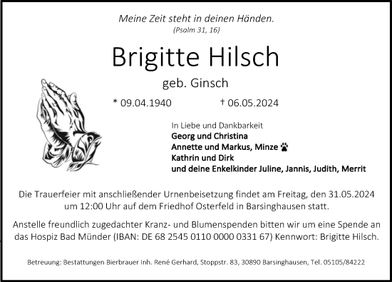 Traueranzeige von Brigitte Hilsch von Hannoversche Allgemeine Zeitung/Neue Presse