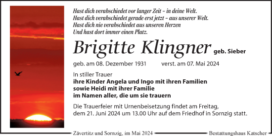 Traueranzeige von Brigitte Klingner von Leipziger Volkszeitung