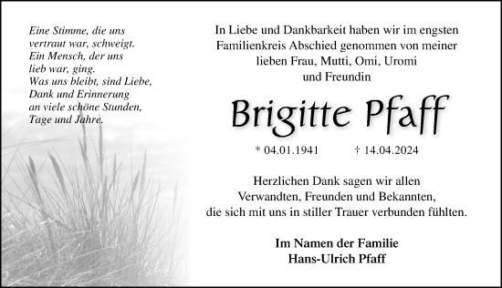 Traueranzeige von Brigitte Pfaff von Ostsee-Zeitung GmbH