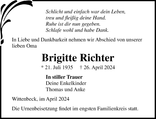 Traueranzeige von Brigitte Richter von Ostsee-Zeitung GmbH