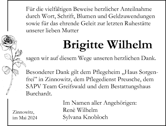 Traueranzeige von Brigitte Wilhelm von Ostsee-Zeitung GmbH