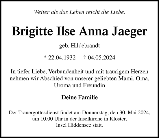 Traueranzeige von Brigitte Ilse Anna Jaeger von Ostsee-Zeitung GmbH