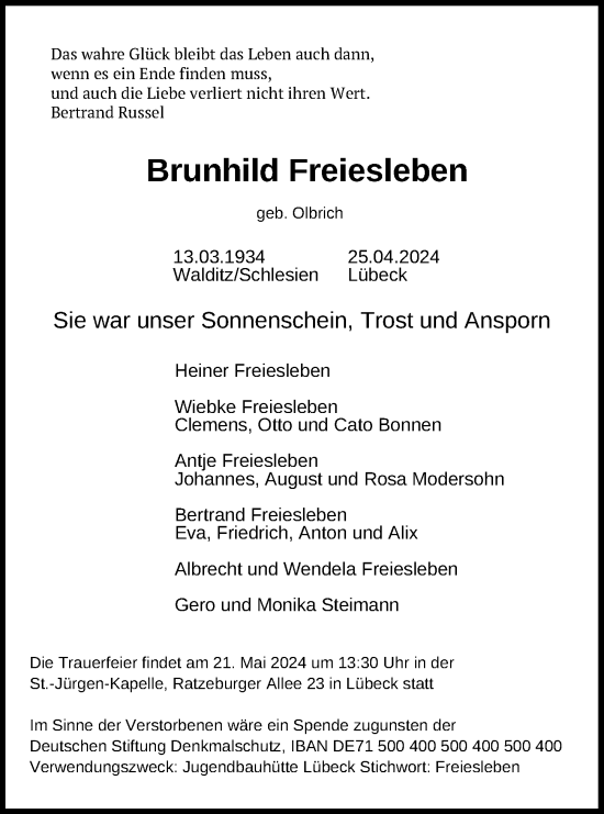 Traueranzeige von Brunhild Freiesleben von Lübecker Nachrichten