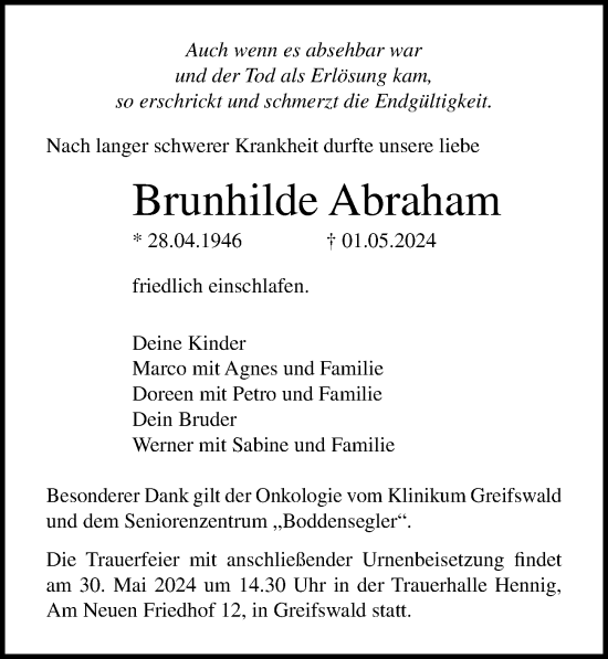 Traueranzeige von Brunhilde Abraham von Ostsee-Zeitung GmbH