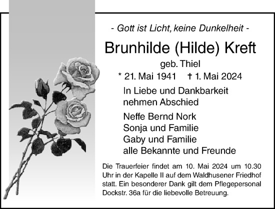 Traueranzeige von Brunhilde  Kreft von Lübecker Nachrichten
