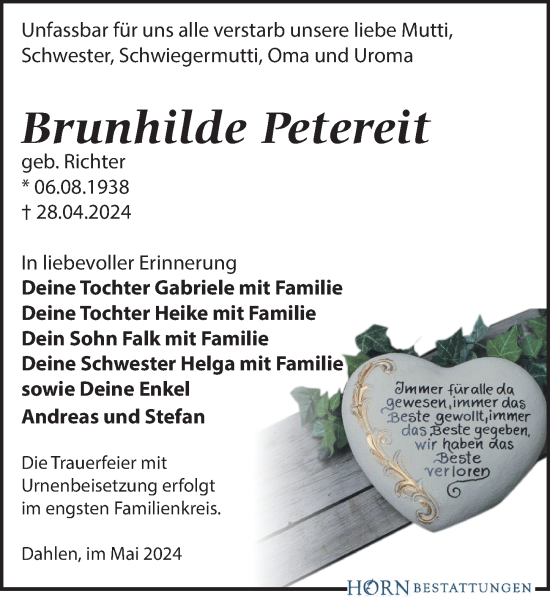 Traueranzeige von Brunhilde Petereit von Leipziger Volkszeitung
