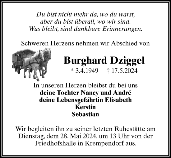 Traueranzeige von Burghard Dziggel von Wochenspiegel