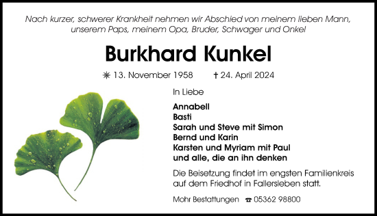 Traueranzeige von Burkhard Kunkel von Aller Zeitung