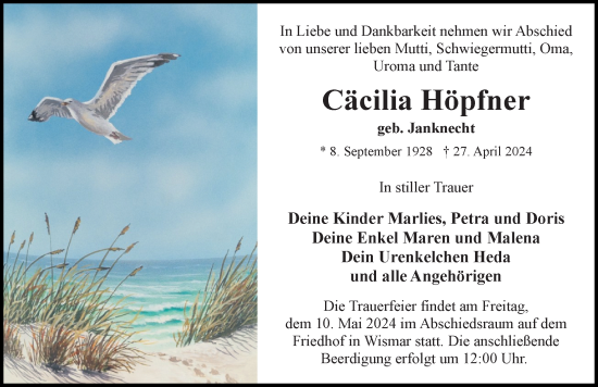 Traueranzeige von Cäcilia Höpfner von Ostsee-Zeitung GmbH