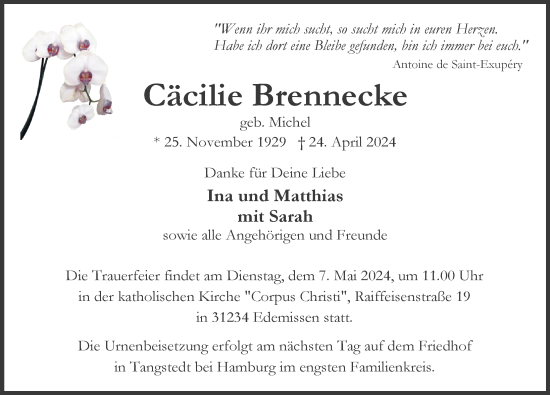 Traueranzeige von Cäcilie Brennecke von Peiner Allgemeine Zeitung