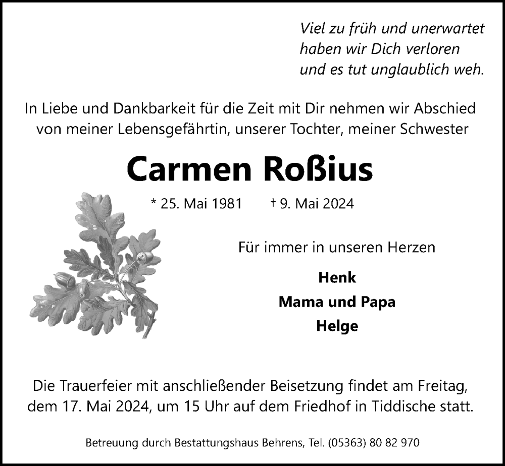  Traueranzeige für Carmen Roßius vom 15.05.2024 aus Aller Zeitung