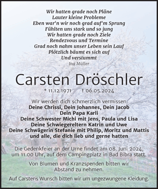 Traueranzeige von Carsten Dröschler von Torgauer Zeitung