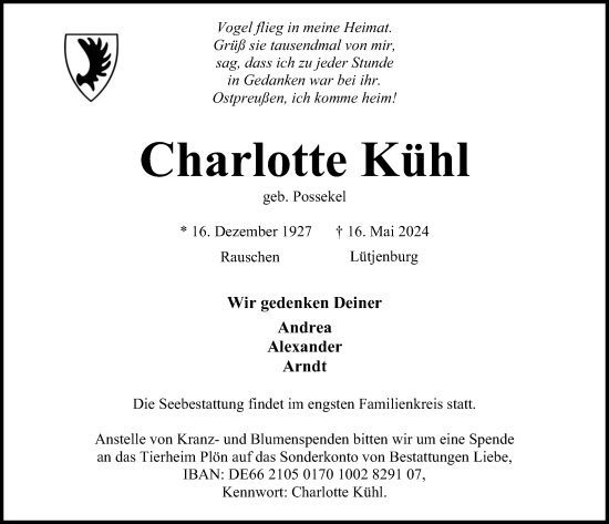 Traueranzeige von Charlotte Kühl von Kieler Nachrichten