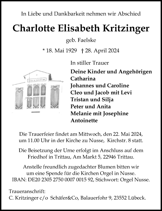 Traueranzeige von Charlotte Elisabeth Kritzinger von Lübecker Nachrichten