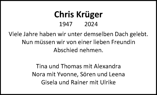 Traueranzeige von Chris Krüger von Hannoversche Allgemeine Zeitung/Neue Presse
