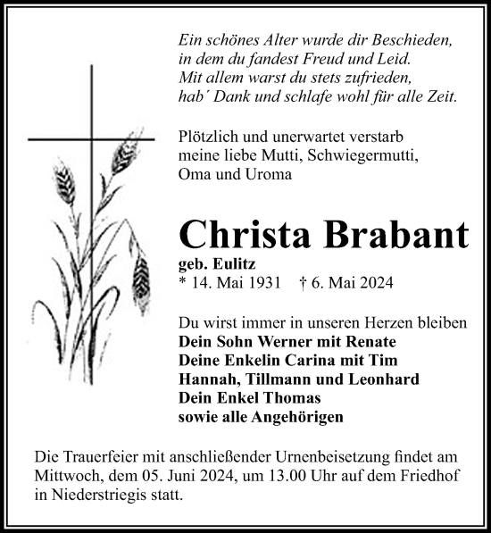 Traueranzeige von Christa Brabant von Leipziger Volkszeitung
