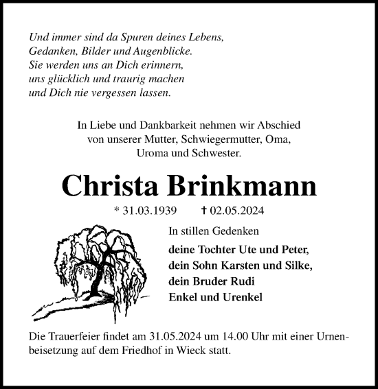 Traueranzeige von Christa Brinkmann von Ostsee-Zeitung GmbH