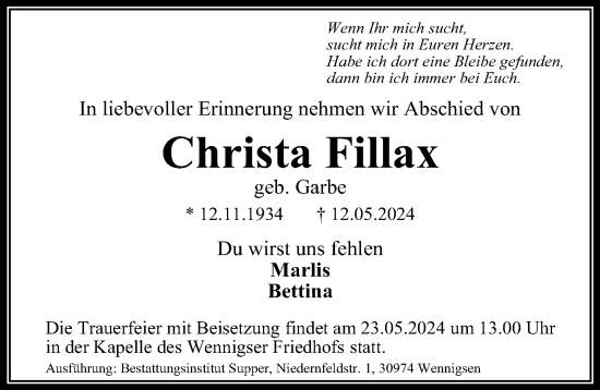 Traueranzeige von Christa Fillax von Hannoversche Allgemeine Zeitung/Neue Presse