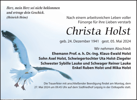 Traueranzeige von Christa Holst von Leipziger Volkszeitung