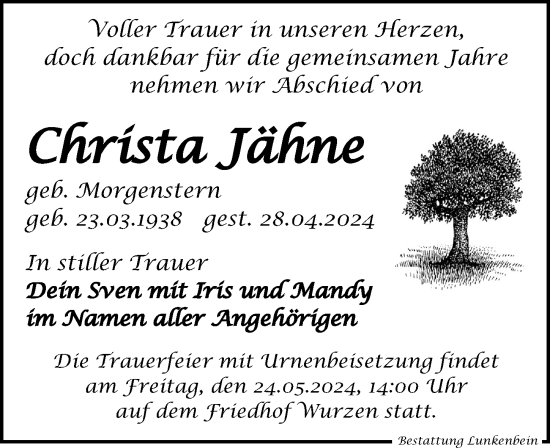 Traueranzeige von Christa Jähne von Leipziger Volkszeitung