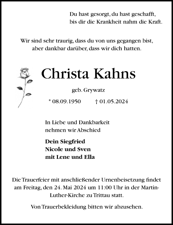 Traueranzeige von Christa Kahns von Lübecker Nachrichten