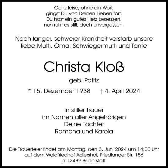 Traueranzeige von Christa Kloß von Torgauer Zeitung