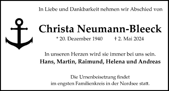 Traueranzeige von Christa Neumann-Bleeck von Hannoversche Allgemeine Zeitung/Neue Presse