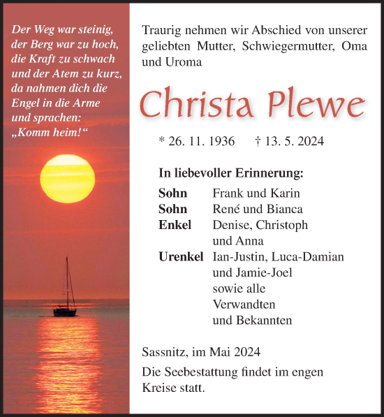 Traueranzeige von Christa Plewe von Ostsee-Zeitung GmbH