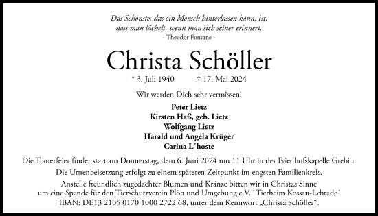 Traueranzeige von Christa Schöller von Kieler Nachrichten