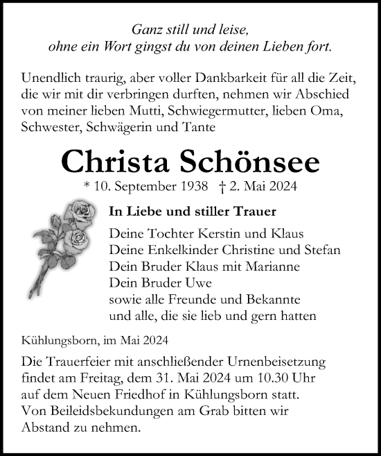 Traueranzeige von Christa Schönsee von Ostsee-Zeitung GmbH