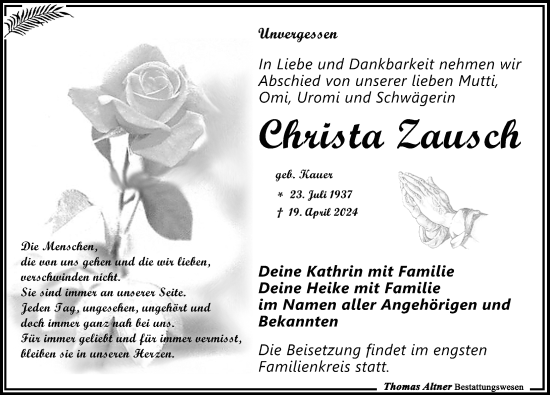 Traueranzeige von Christa Zausch von Leipziger Volkszeitung