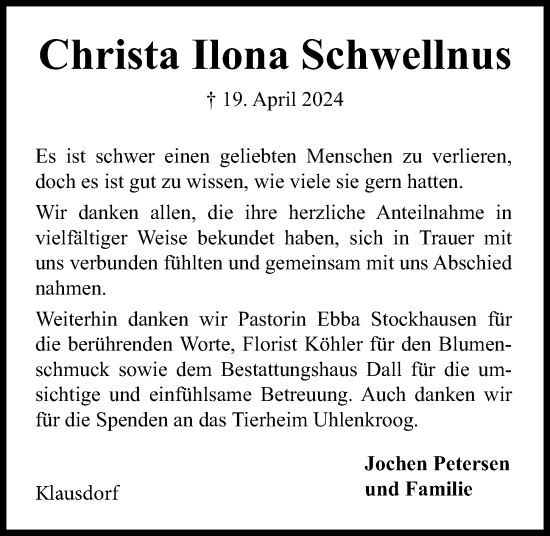 Traueranzeige von Christa Ilona Schwellnus von Kieler Nachrichten