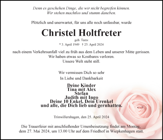 Traueranzeige von Christel Holtfreter von Ostsee-Zeitung GmbH