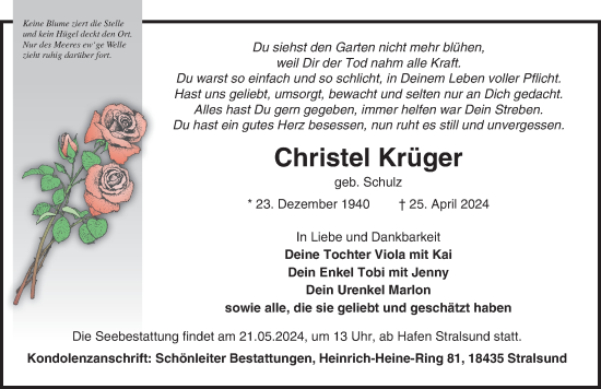 Traueranzeige von Christel Krüger von Ostsee-Zeitung GmbH