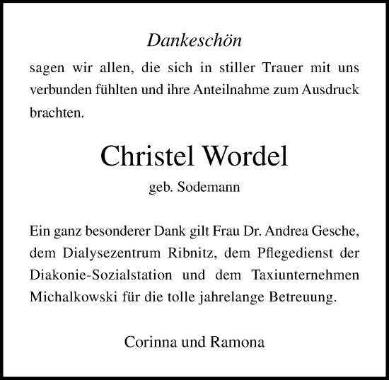 Traueranzeige von Christel Wordel von Ostsee-Zeitung GmbH